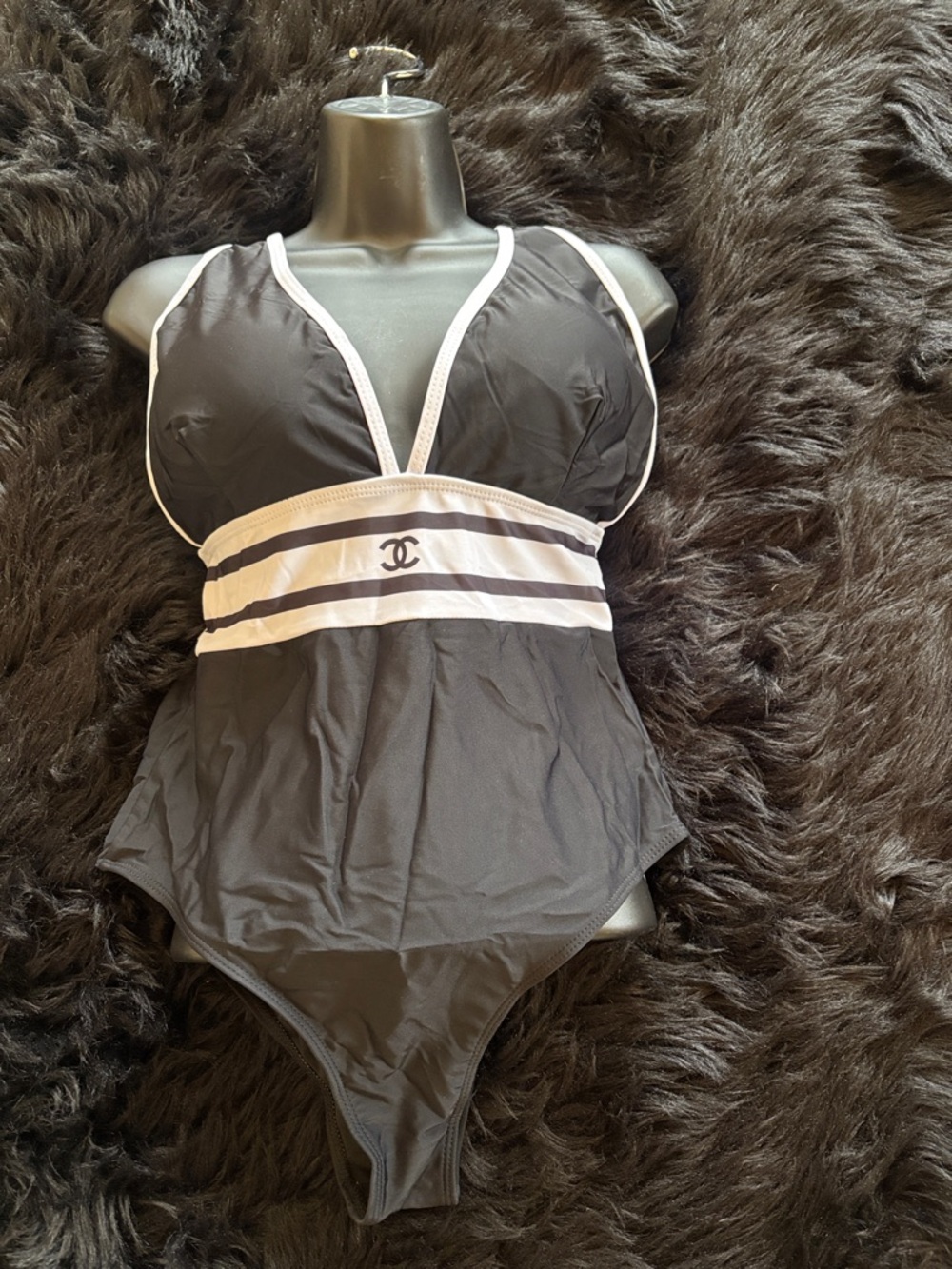 CHANEL Black One-Piece Swimsuit with White Trim